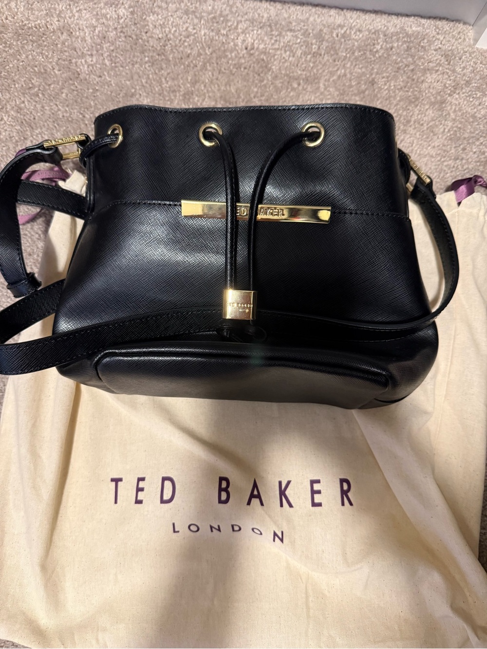Ted Baker Black Leather Drawstring Crossbody with Gold Hardware